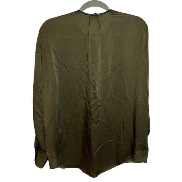 Club Monaco Olive Green Silk Leather Trim Blouse - Picture 3 of 4